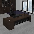 Wooden Office Desk With Black Leather Chair Laptop Lamp And City View Through Large Windows