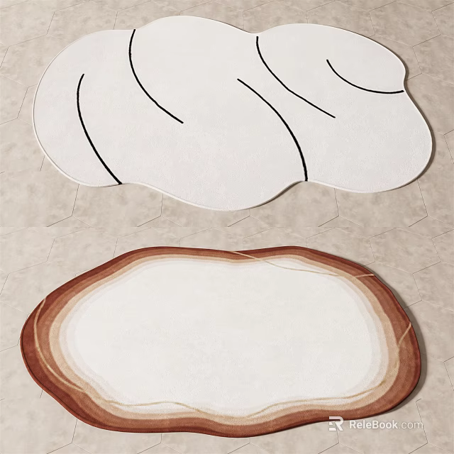 Creative Shaped Rugs with White Background Black Lines and Brown Trimmed Wood Slice Design 3d model 