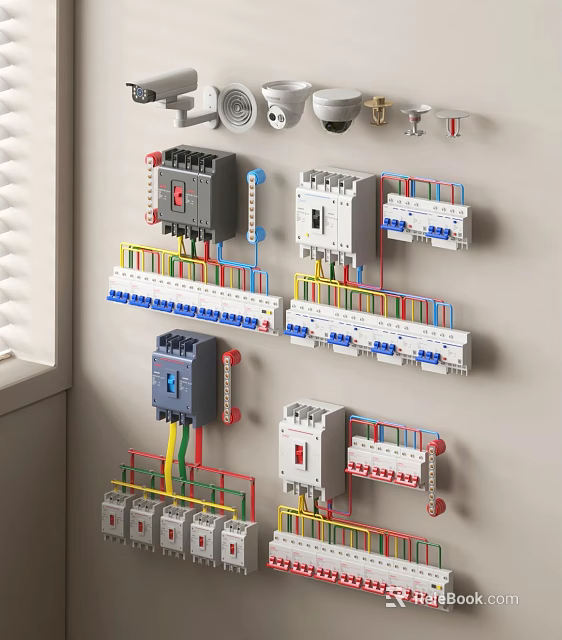 Neatly Arranged Electrical Switch Panels With Circuit Breakers And Colored Wires 3d model 