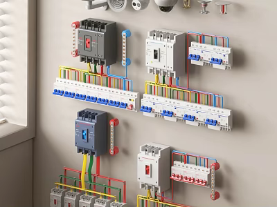 Neatly Arranged Electrical Switch Panels With Circuit Breakers And Colored Wires 3d model