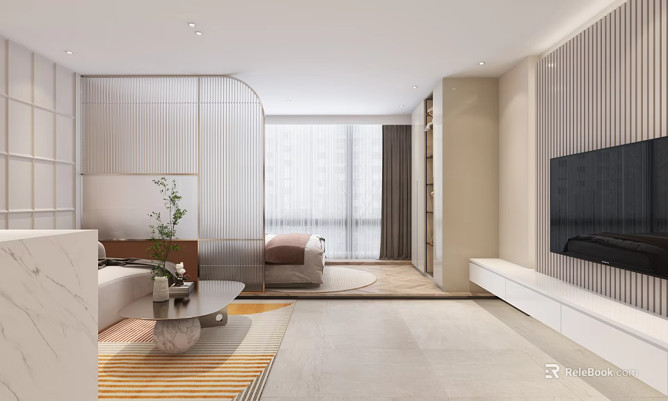 Modern Apartment Interior Design With Living Bedroom And Elegant Furniture 3d model 