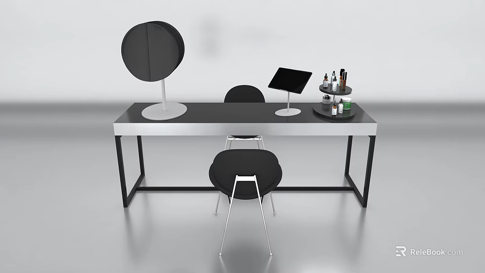 Modern Black Dressing Desk and Chair Set With Round Mirror Tablet Stand And Cosmetic Tray 3d model 