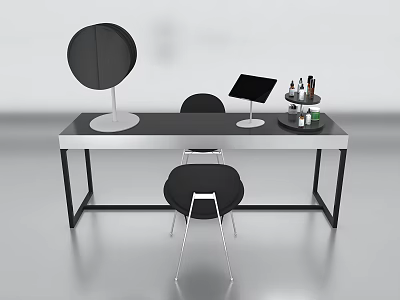 Modern Black Dressing Desk and Chair Set With Round Mirror Tablet Stand And Cosmetic Tray 3d model