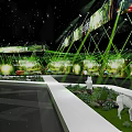 Modern Indoor Exhibition Space With Green Laser Beams White Platform Green Plants And Deer Models