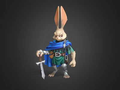 Rabbit Creature Character 3D Model With Sword Blue Cape And Green Outfit 3d model