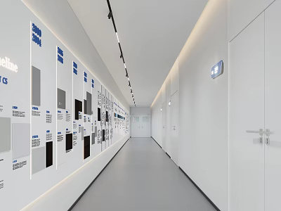 Office Corridor With White Walls Display Panels Color Samples Ceiling Light Strips And Gray Flooring 3d model