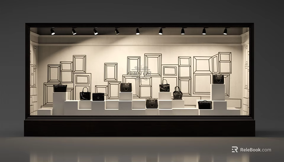 Luxury Bag Window Display With Outline Frame Background And Illuminated Platforms 3d model 