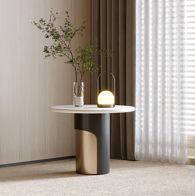 Modern Round Top Side Table With Black Gold Base Vase Lamp Plant And Curtains 3d model