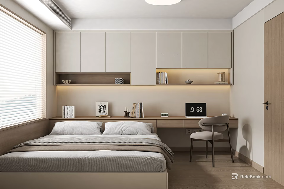 Minimalist Tatami Bedroom Interior Design With Storage Cabinets Desk Chair And Window Blinds 3d model 