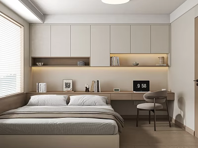 Minimalist Tatami Bedroom Interior Design With Storage Cabinets Desk Chair And Window Blinds 3d model