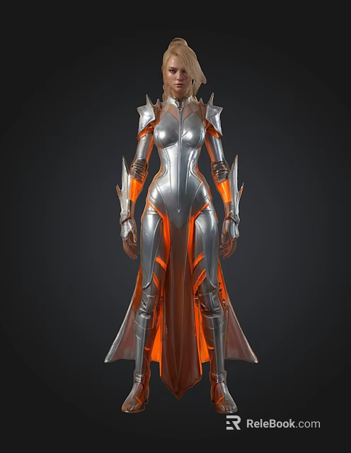 Futuristic Female Warrior In Silver Armor With Orange Glowing Accents 3d model 