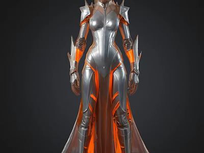 Futuristic Female Warrior In Silver Armor With Orange Glowing Accents 3d model