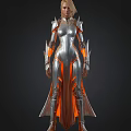 Futuristic Female Warrior In Silver Armor With Orange Glowing Accents