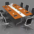 Modern Conference Table with Orange White Top Black White Orange Chairs Notebooks Cups Green Plants