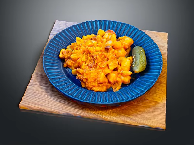 Hearty Orange Savory Dish on Blue Plate with Pickle and Wooden Board 3d model