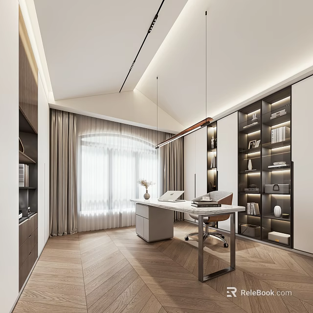 Modern Study Room Interior with Herringbone Wooden Floor Pendant Lights Desk Chair Bookshelves Gray Curtains 3d model 