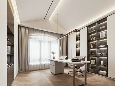 Modern Study Room Interior with Herringbone Wooden Floor Pendant Lights Desk Chair Bookshelves Gray Curtains 3d model