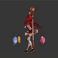 Red Haired Female Character With Magical Staff And Fantasy Creature In Magic Circle