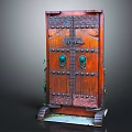 Vintage Wooden Door Furniture With Brass Knockers Riveted Design And Green Vines