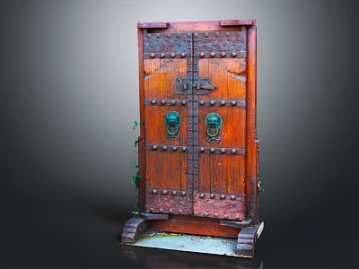 Vintage Wooden Door Furniture With Brass Knockers Riveted Design And Green Vines 3d model