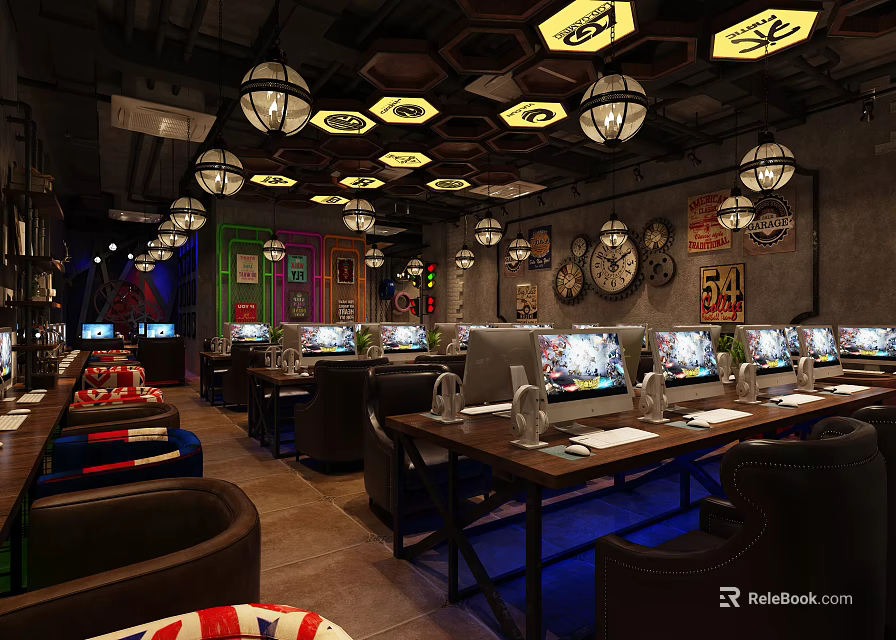 Modern Internet Cafe Interior With Gaming Computers Comfortable Seats And Colorful Ceiling Lights 3d model
