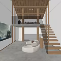 Open Space Interior Design With Wooden Ceiling Glass Staircase And White Round Sofa