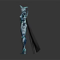 Frost Themed Female Warrior In Silver Blue Armor With Black Cape And Crystal Weapon