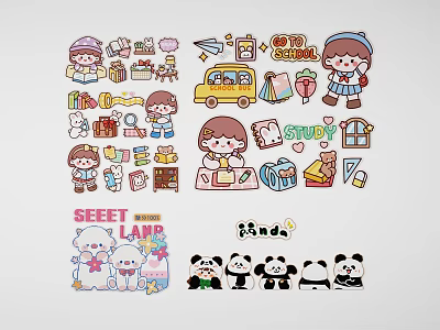 Cute Cartoon Study Theme Wall Decor with Little Characters Pandas Books and School Bus 3d model