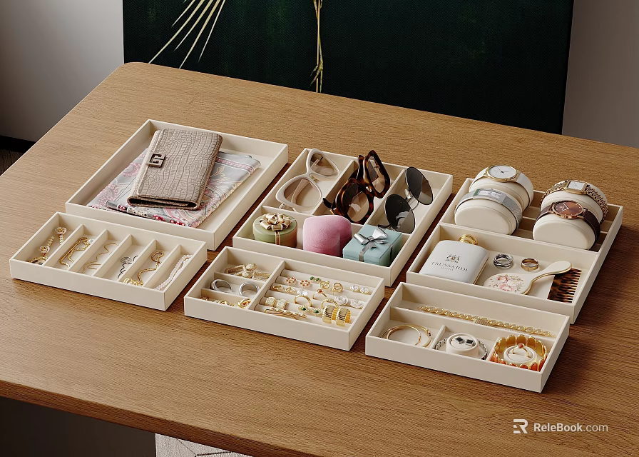 Neatly Arranged Jewelry Storage Boxes With Compartments For Rings Earrings Necklaces And Watches 3d model 