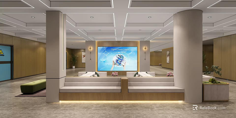 Bright Spacious Service Hall Interior With Service Counter Digital Screen And Green Plants 3d model 