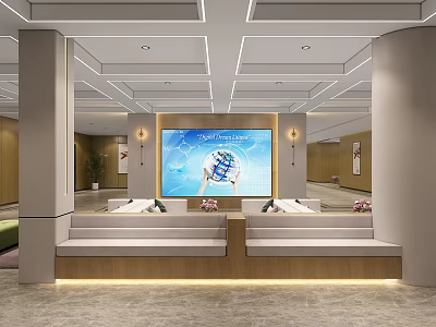 Bright Spacious Service Hall Interior With Service Counter Digital Screen And Green Plants 3d model