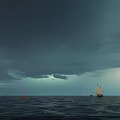 Traditional Sailing Ships Sailing On Vast Open Ocean With White Sails