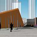 Modern School Building Featuring Multi Level Structure Green Courtyard And Walking Pedestrians