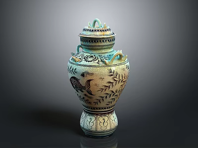 Artistic Traditional Decorative Vase With Lid Handles And Intricate Bird Leaf Patterns 3d model