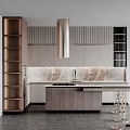 Modern Kitchen Featuring Wooden And Gray Cabinets Marble Countertop Island And Range Hood