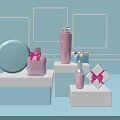 Cosmetic Display With Pink Bow Gift Boxes And Bottles On Blue Background 3d model