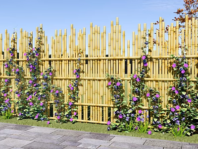 Lush Purple Flowers And Green Vines Climbing On Bamboo Fence In Outdoor Garden 3d model