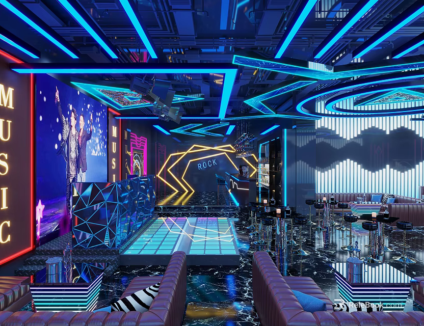 Modern KTV Interior Design Featuring Blue Neon Lights Music Stage Sofas And Geometric Decorations 3d model