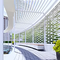 Modern White Pergola With Lattice Structure Green Lawn And Water Feature In Residential Area 3d model
