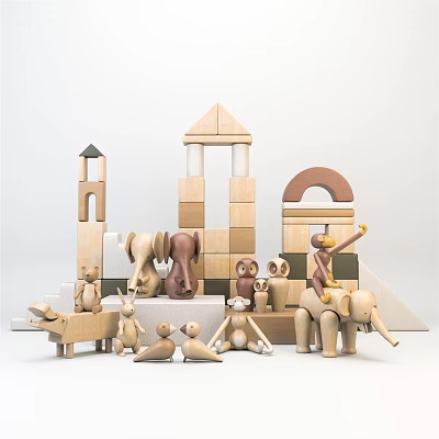 Wooden Building Blocks With Castle Tower Columns Animal Figures And Various Shapes For Creative Play 3d model