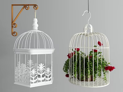 Decorative Ornament Set With White Birdcages Floral Pattern Wall Bracket Green Plants And Red Flowers 3d model