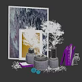 Elegant Decorative Ornament Set With Gold Purple Vases Olive Plants Artworks And Books