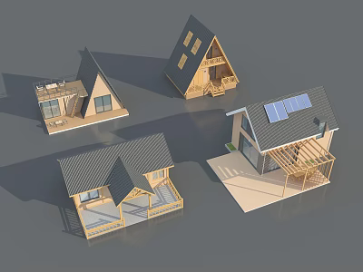 Modern Wooden Guesthouse Buildings With Various Roof Designs Solar Panels And Balconies 3d model