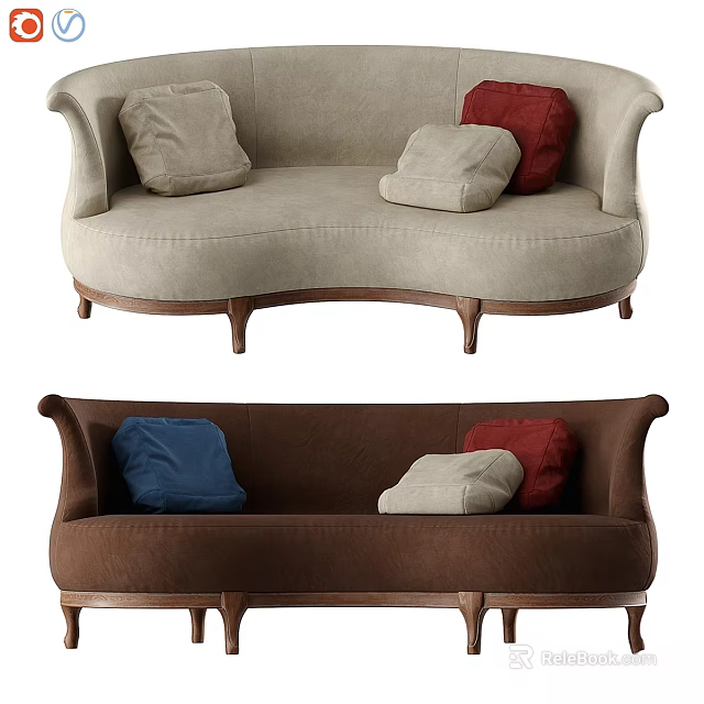 Light And Dark Curved Sofa Set With Colored Pillows And Wooden Legs 3d model 