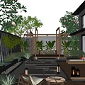 Modern Garden Design With Waterfall Wooden Pergola Stone Pathway Outdoor Lanterns And Lush Greenery