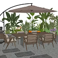 Comfortable Outdoor Landscape Seats With Umbrella Green Plants And Wooden Dining Table