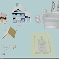 Diverse Architectural Models Including Houses Tent Ferris Wheel And Industrial Facilities
