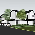 White Guesthouse Building With Black Roofs Front Lawn Trees And Parked Cars