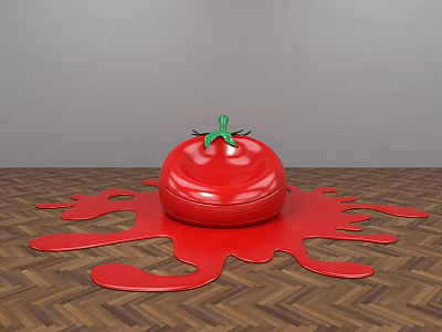 Tomato Shaped Public Chair Red Glossy Design With Dripping Accents On Herringbone Wooden Floor 3d model