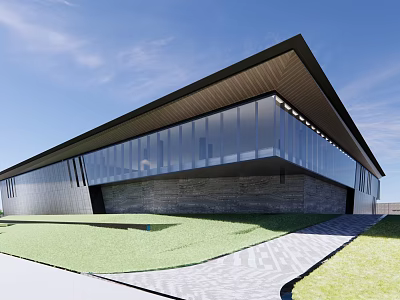 Modern Sales Office Building Exterior Design With Sloped Roof Large Glass Wall And Lawn Path 3d model